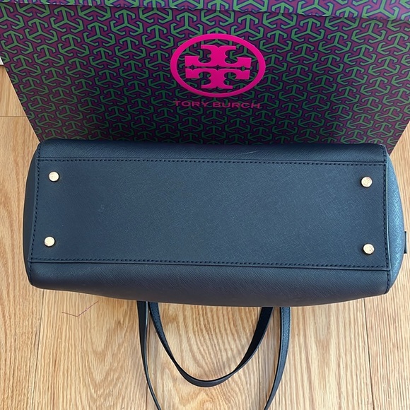 Tory Burch Navy Saffiano Leather Robinson Tote & silk floral bag charm. - Picture 8 of 15